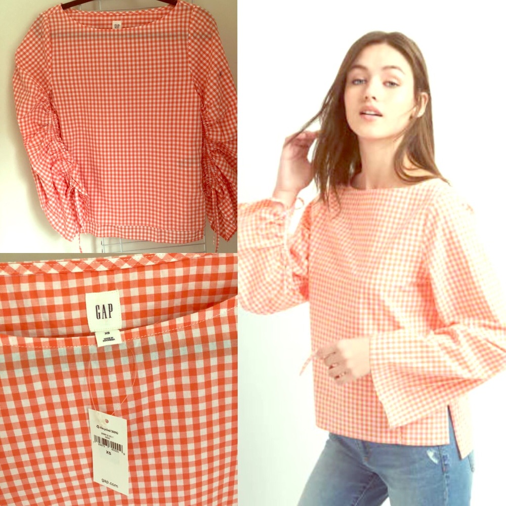 GAP RUCHED SLEEVE BOATNECK GINGHM POPLIN PEACH TOP